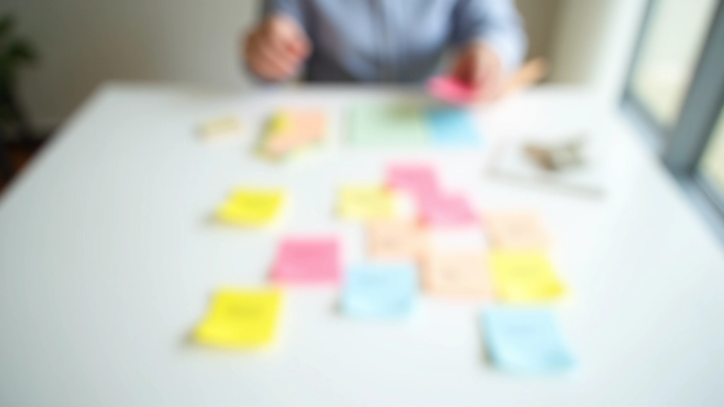 Colorful sticky notes and hand-written notes arranged on white wall with person organizing personal branding strategy