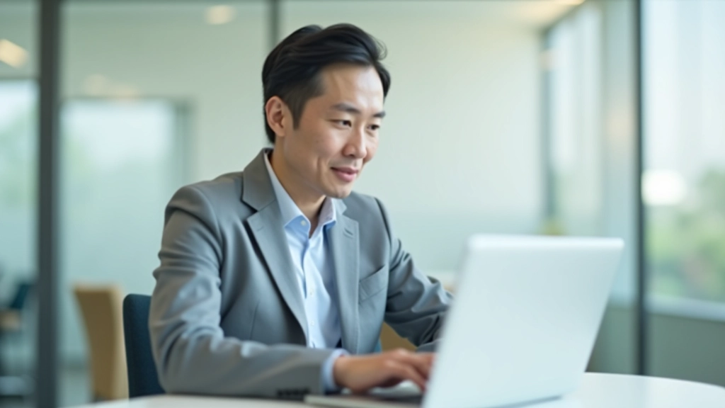 Person at laptop in modern workspace, upper body view, focused on development plan with notes and resources, natural office lighting