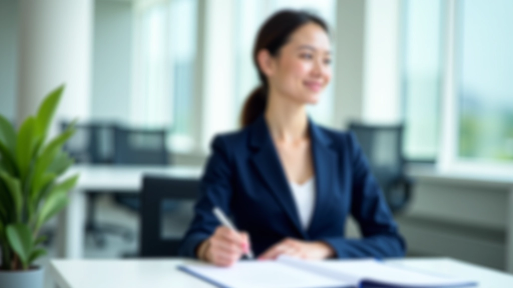 Professional woman aged 35-40, fully clothed in business blazer, sitting at modern office desk reviewing assessment documents with pen in hand, bright natural lighting
