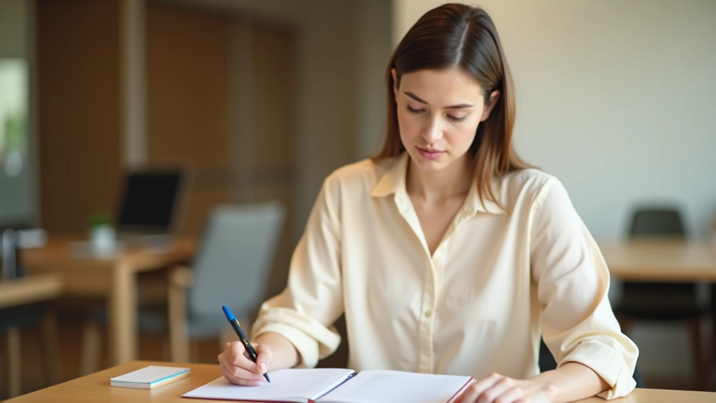 Professional woman at desk reviewing event details and preparing notes